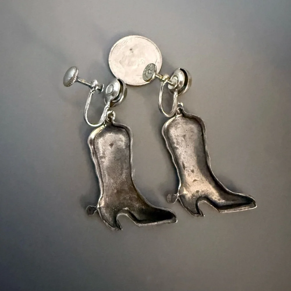 Vintage Silver Cowboy Western Boots Screw Back Earrings Circa 1970’s